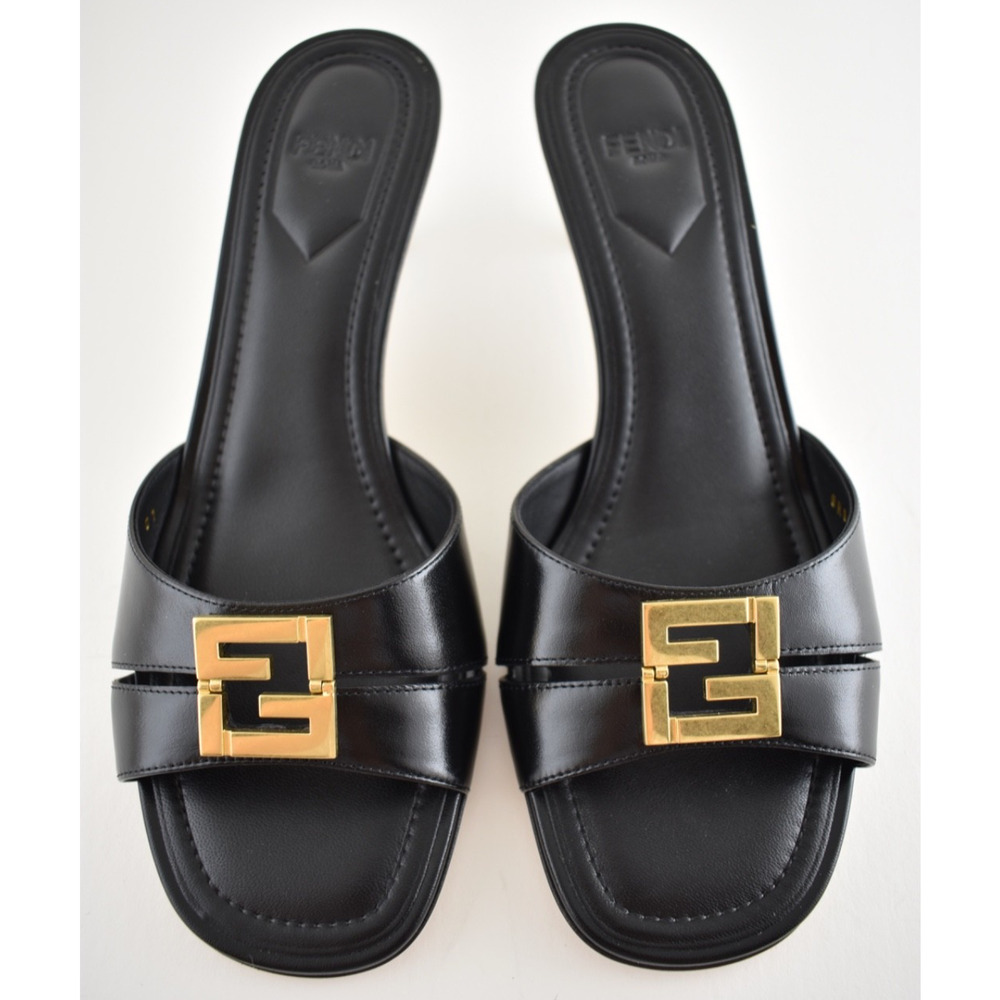 Fendi Fold Slide Black Leather Gold FF Logo Mule Kitten Heel Pump Sandals 37.5 - Picture 9 of 16